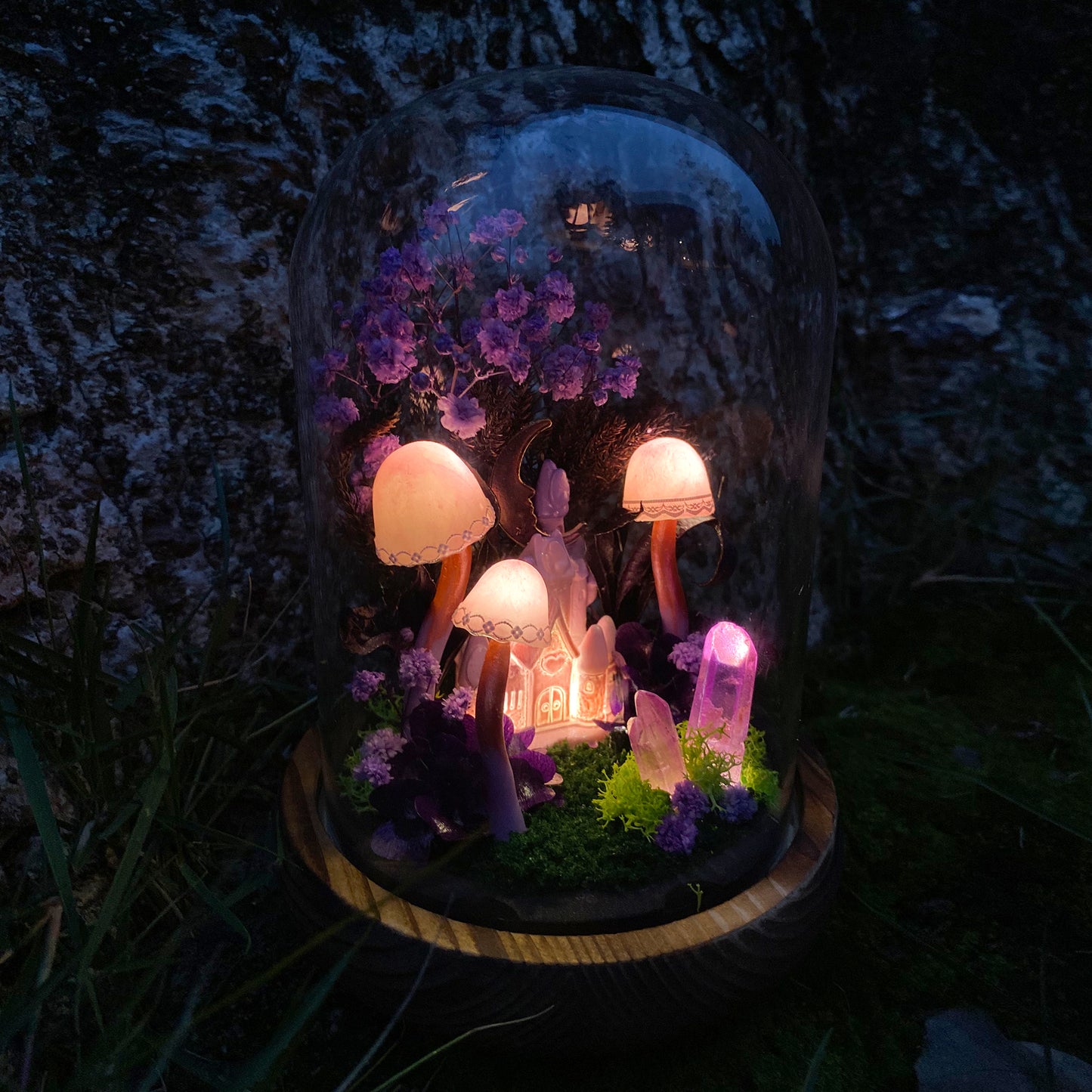 Charming Mushroom Table Lamp Glowing Mystery Castle with Purple Moon & Crystal Handmade Mushroom Lamp Fairy Tale Decor Mushroom Night Light