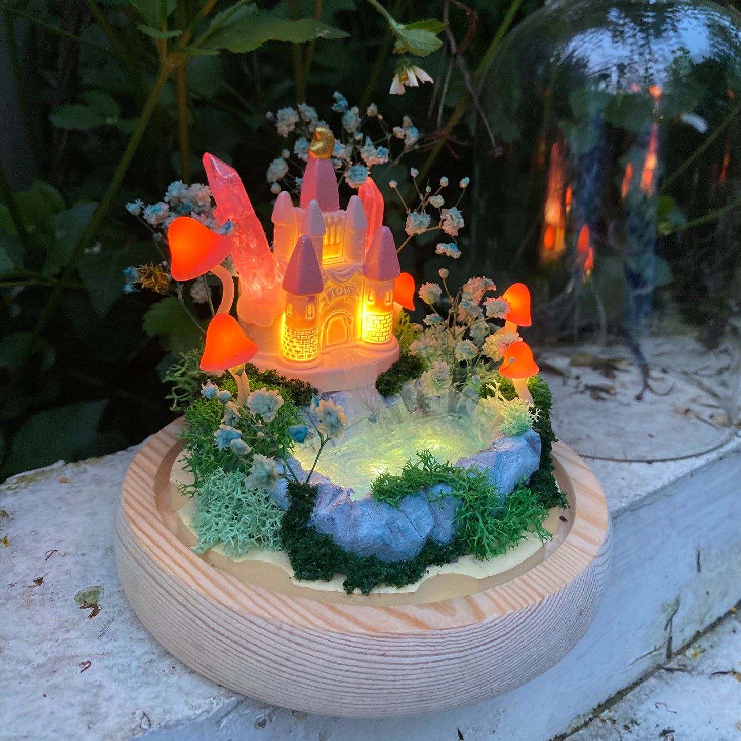 Handmade Glowing Mushroom Lamp with Pink Princess Castle and Miniature Pond Fairy Tale Decor Crystal Night Light Cute Unique Table Lamp Gift