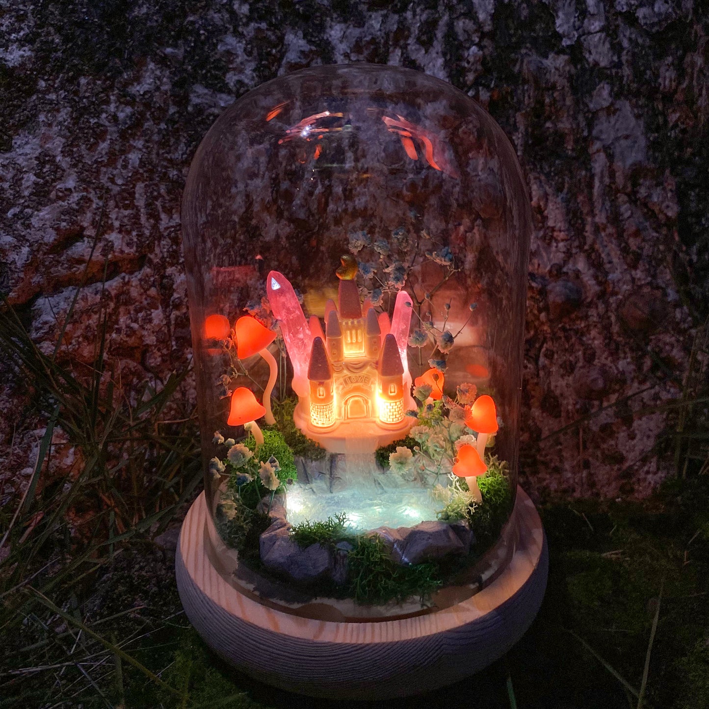Handmade Glowing Mushroom Lamp with Pink Princess Castle and Miniature Pond Fairy Tale Decor Crystal Night Light Cute Unique Table Lamp Gift
