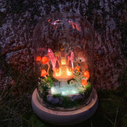 Handmade Glowing Mushroom Lamp with Pink Princess Castle and Miniature Pond Fairy Tale Decor Crystal Night Light Cute Unique Table Lamp Gift
