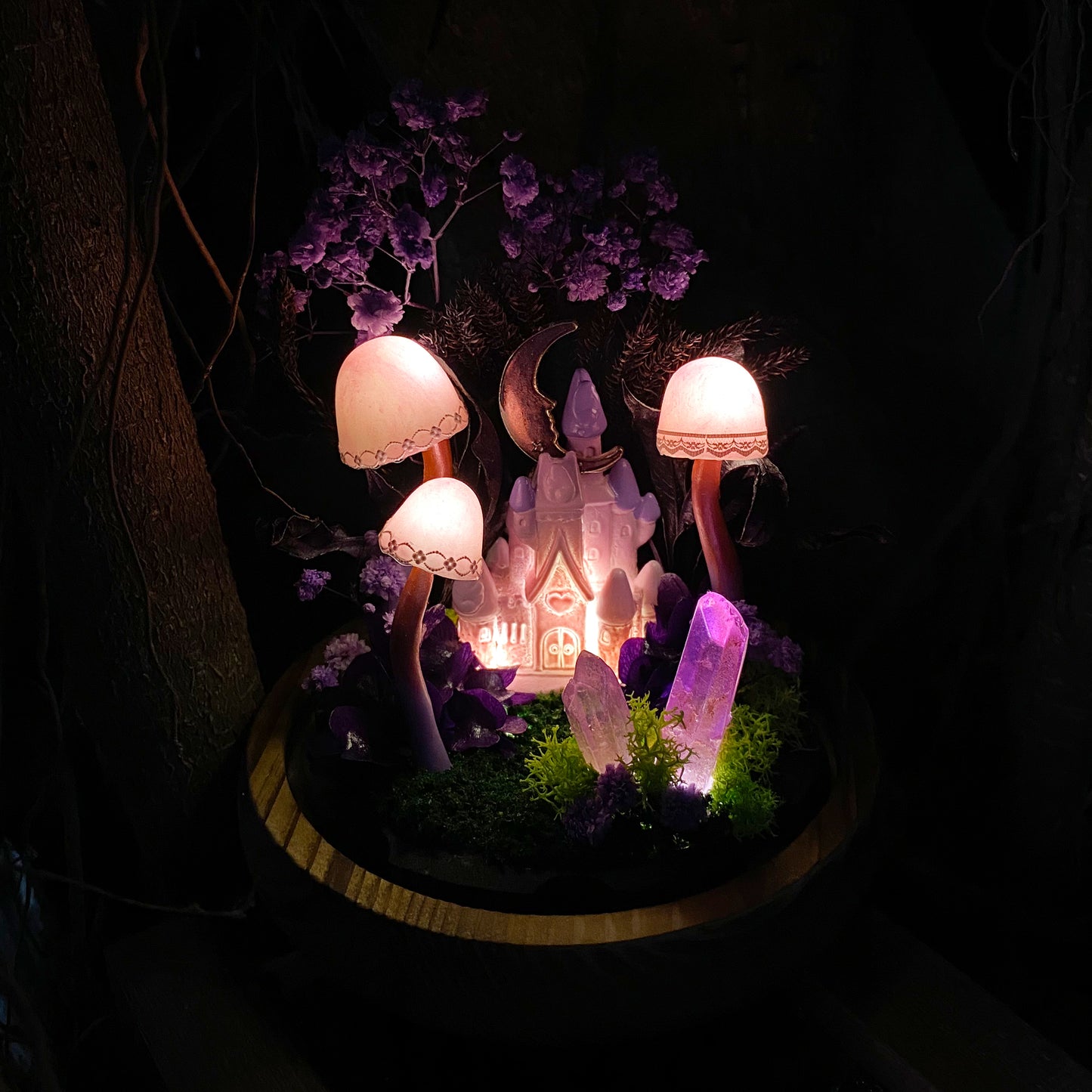 Charming Mushroom Table Lamp Glowing Mystery Castle with Purple Moon & Crystal Handmade Mushroom Lamp Fairy Tale Decor Mushroom Night Light