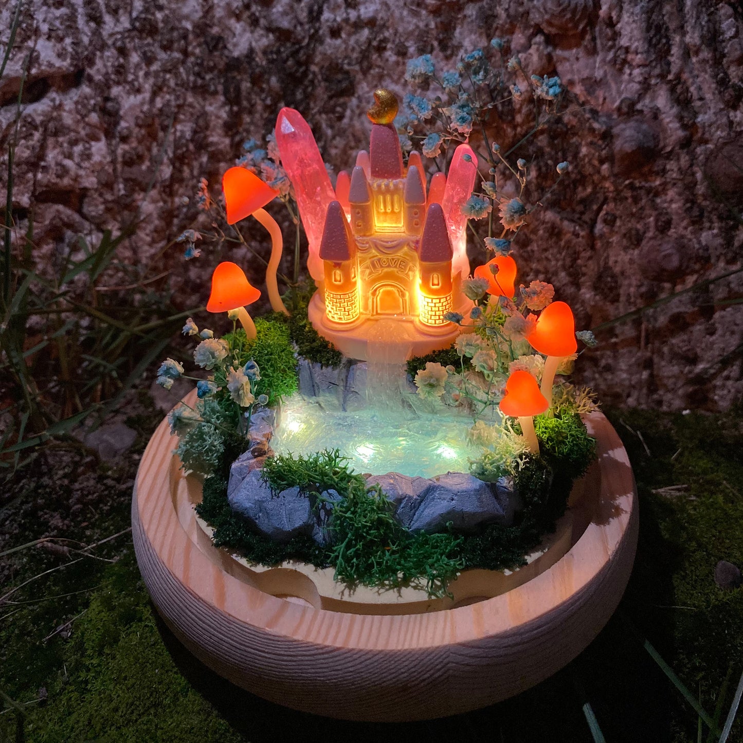 Handmade Glowing Mushroom Lamp with Pink Princess Castle and Miniature Pond Fairy Tale Decor Crystal Night Light Cute Unique Table Lamp Gift