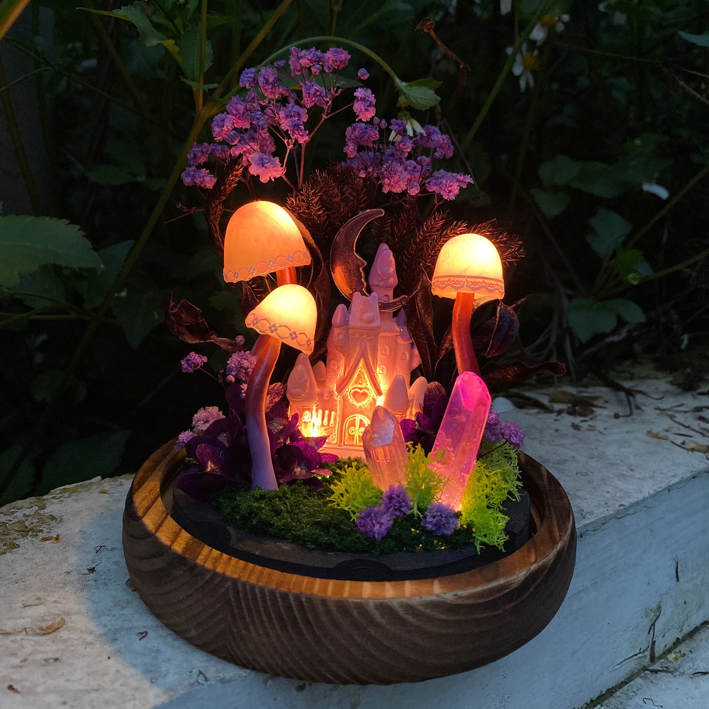 Charming Mushroom Table Lamp Glowing Mystery Castle with Purple Moon & Crystal Handmade Mushroom Lamp Fairy Tale Decor Mushroom Night Light