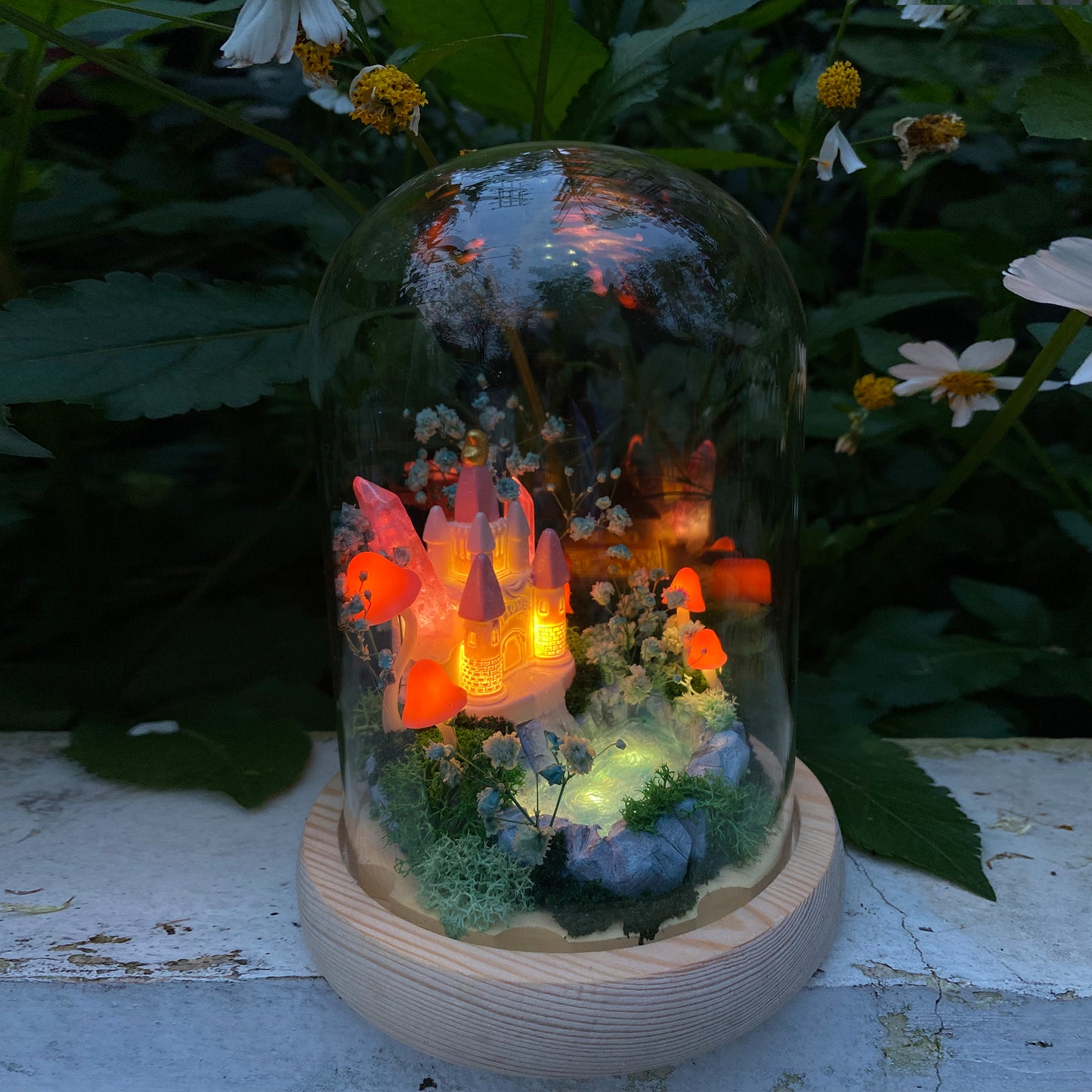 Handmade Glowing Mushroom Lamp with Pink Princess Castle and Miniature Pond Fairy Tale Decor Crystal Night Light Cute Unique Table Lamp Gift