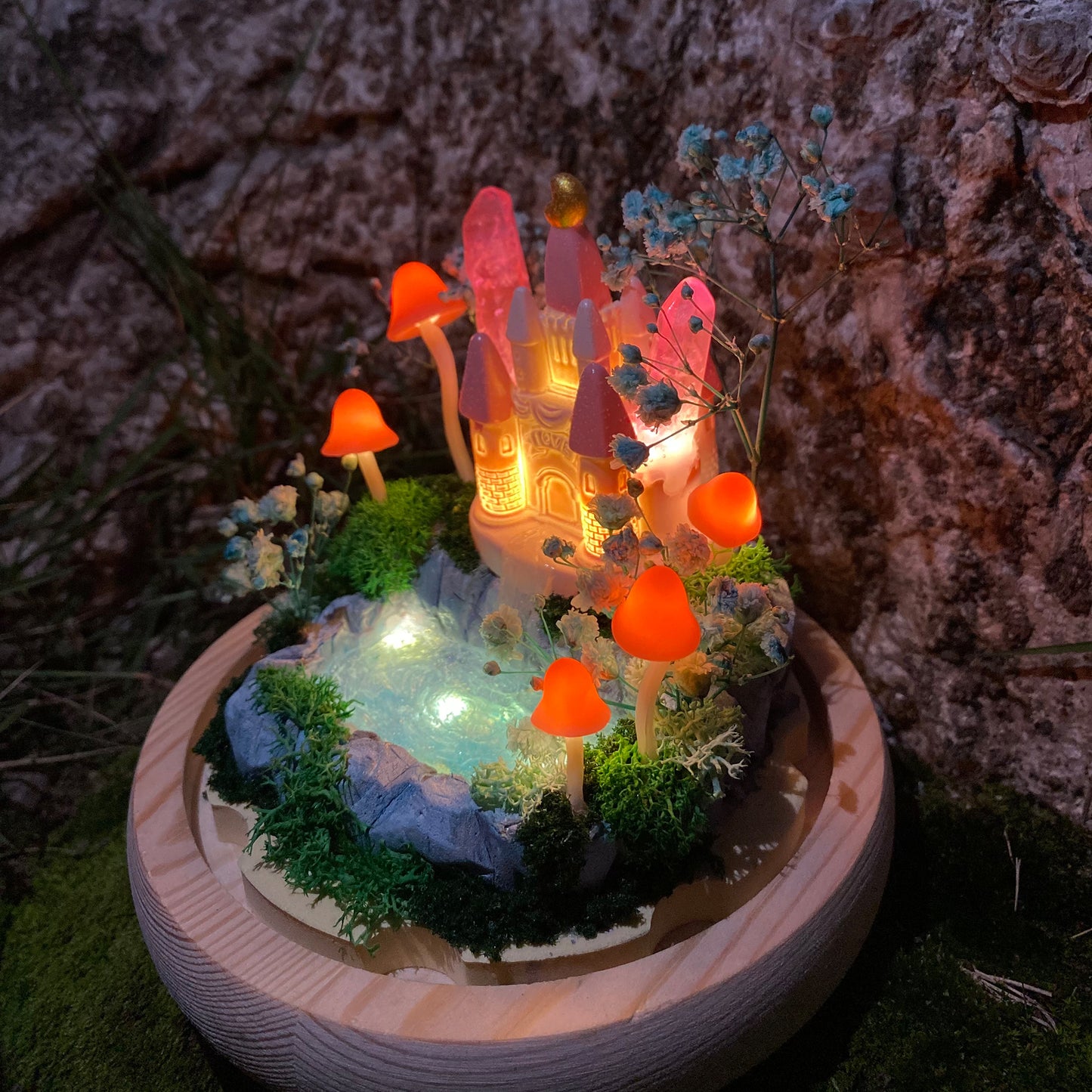Handmade Glowing Mushroom Lamp with Pink Princess Castle and Miniature Pond Fairy Tale Decor Crystal Night Light Cute Unique Table Lamp Gift