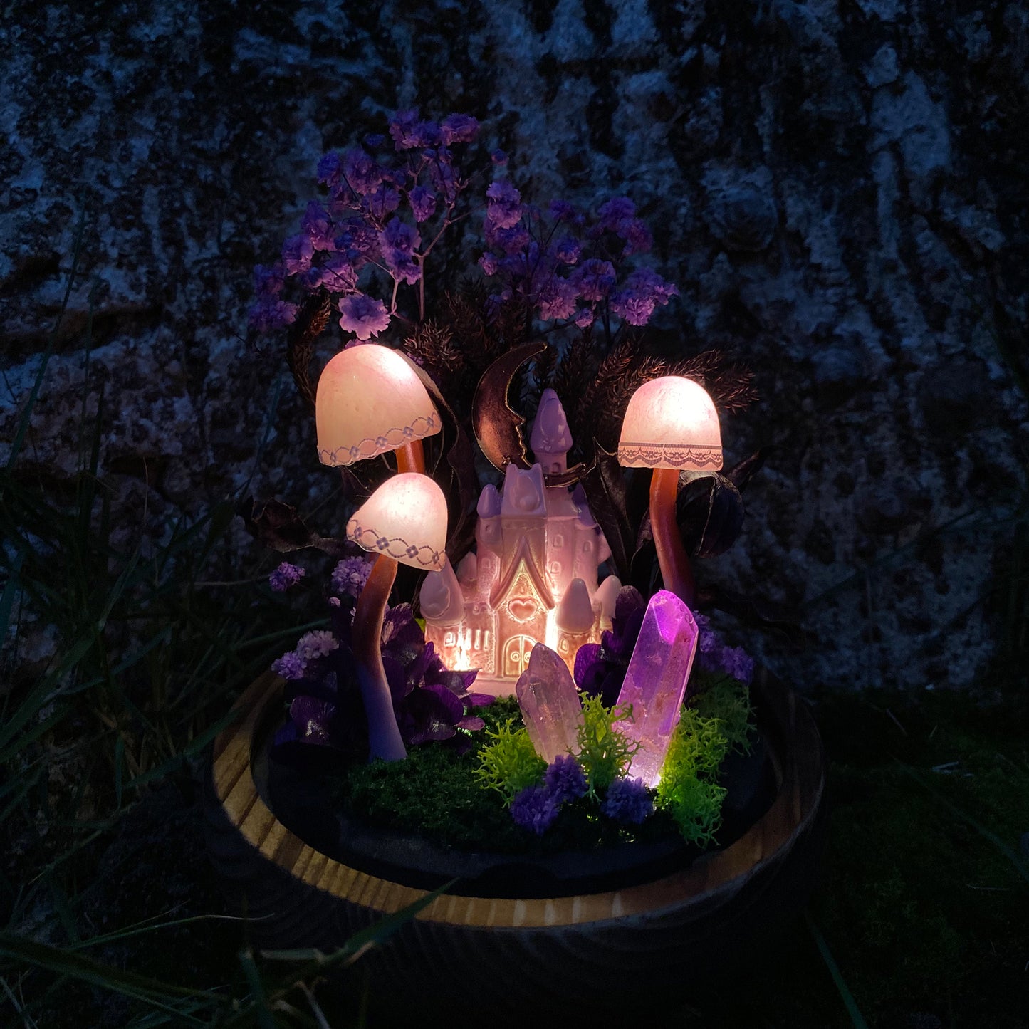 Charming Mushroom Table Lamp Glowing Mystery Castle with Purple Moon & Crystal Handmade Mushroom Lamp Fairy Tale Decor Mushroom Night Light