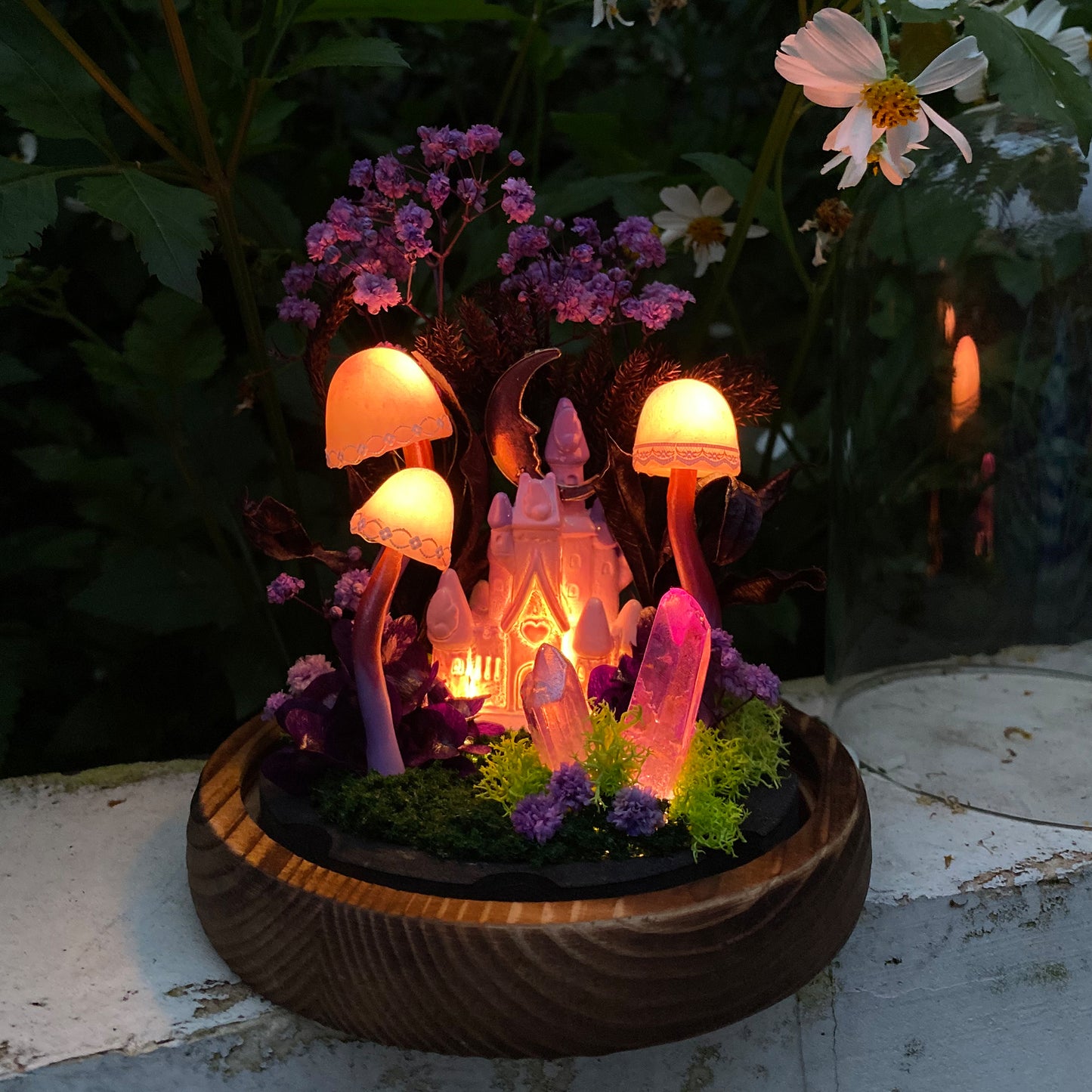 Charming Mushroom Table Lamp Glowing Mystery Castle with Purple Moon & Crystal Handmade Mushroom Lamp Fairy Tale Decor Mushroom Night Light
