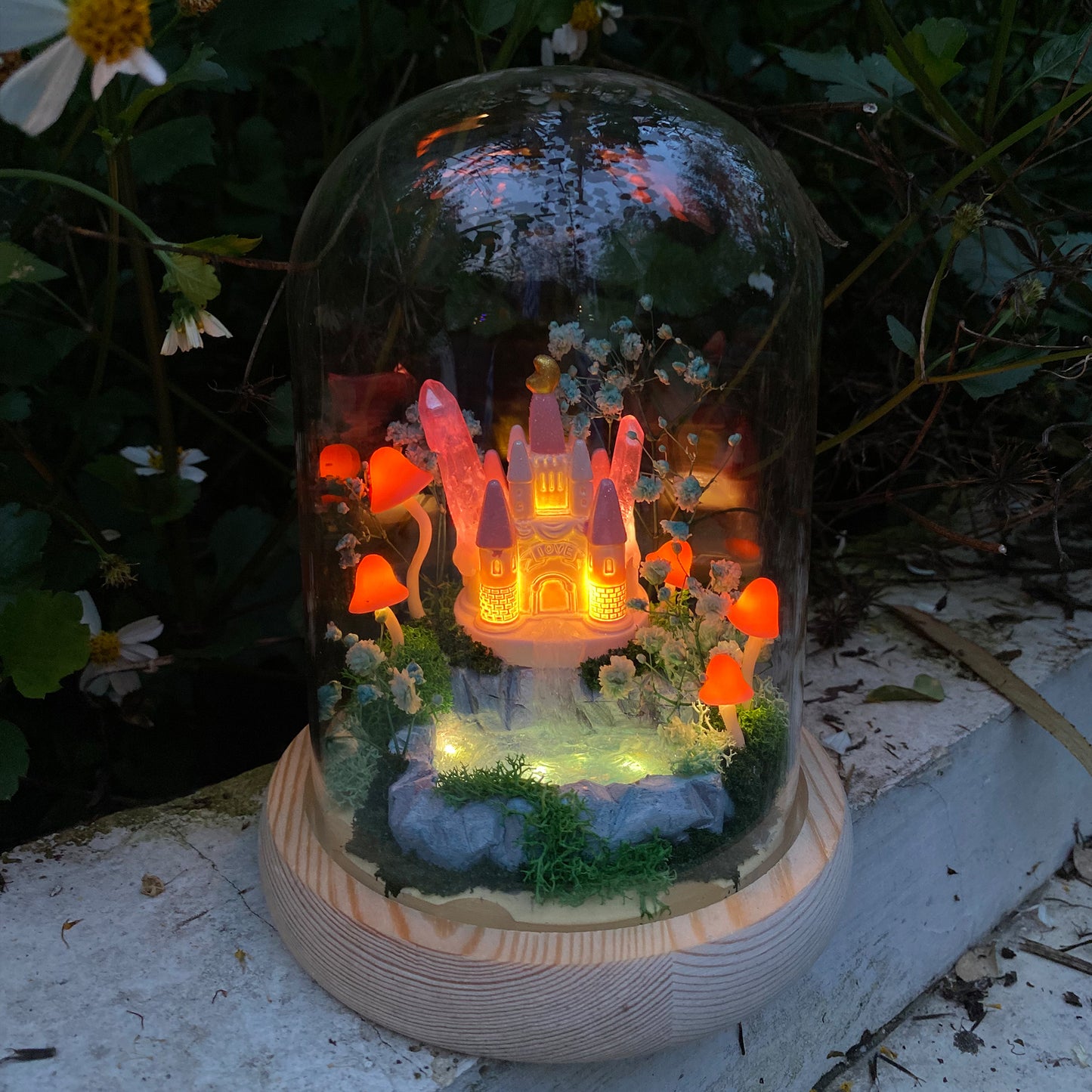 Handmade Glowing Mushroom Lamp with Pink Princess Castle and Miniature Pond Fairy Tale Decor Crystal Night Light Cute Unique Table Lamp Gift