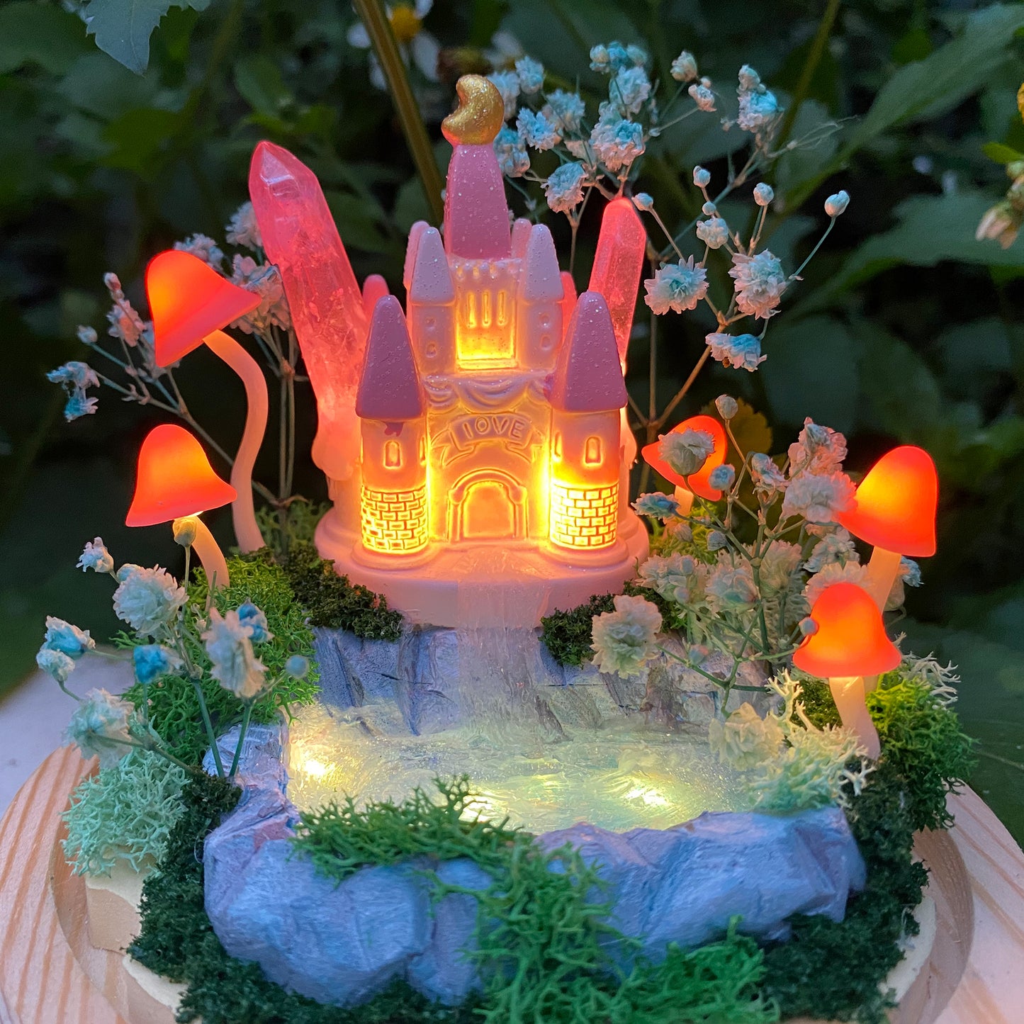 Handmade Glowing Mushroom Lamp with Pink Princess Castle and Miniature Pond Fairy Tale Decor Crystal Night Light Cute Unique Table Lamp Gift