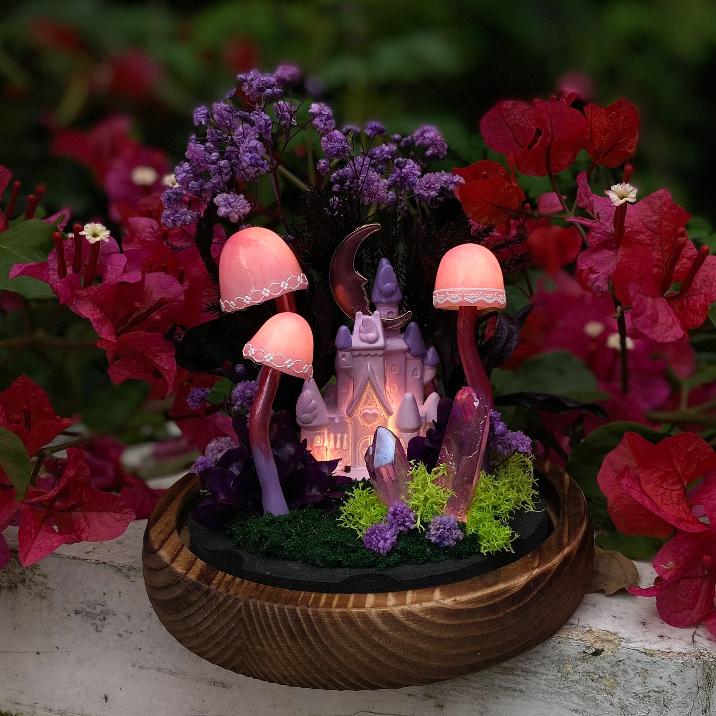 Charming Mushroom Table Lamp Glowing Mystery Castle with Purple Moon & Crystal Handmade Mushroom Lamp Fairy Tale Decor Mushroom Night Light