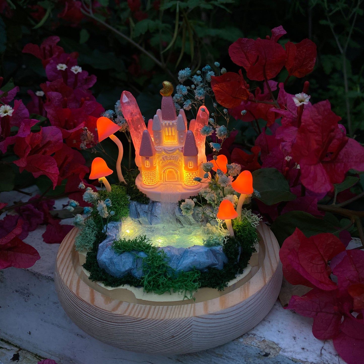 Handmade Glowing Mushroom Lamp with Pink Princess Castle and Miniature Pond Fairy Tale Decor Crystal Night Light Cute Unique Table Lamp Gift