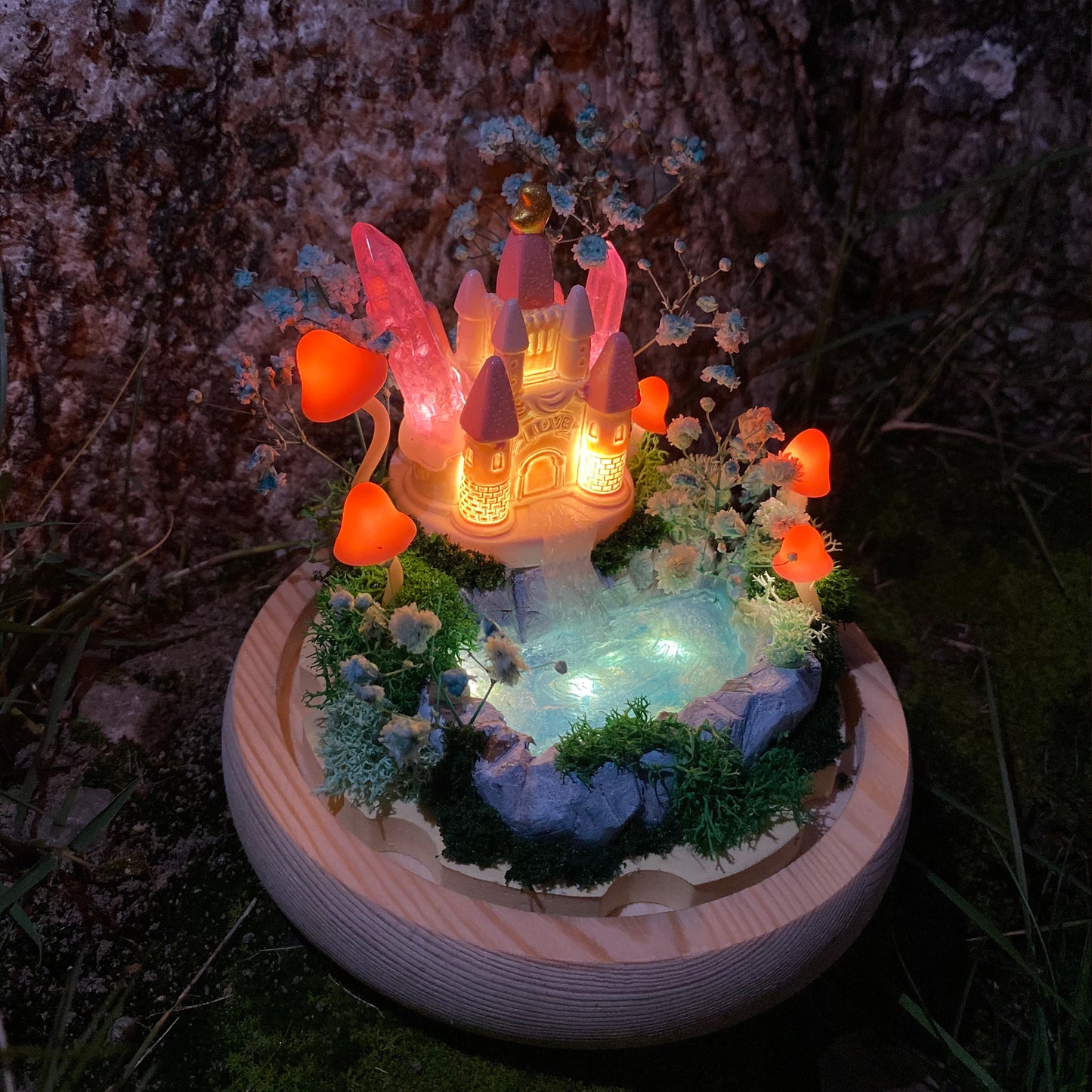 Handmade Glowing Mushroom Lamp with Pink Princess Castle and Miniature Pond Fairy Tale Decor Crystal Night Light Cute Unique Table Lamp Gift