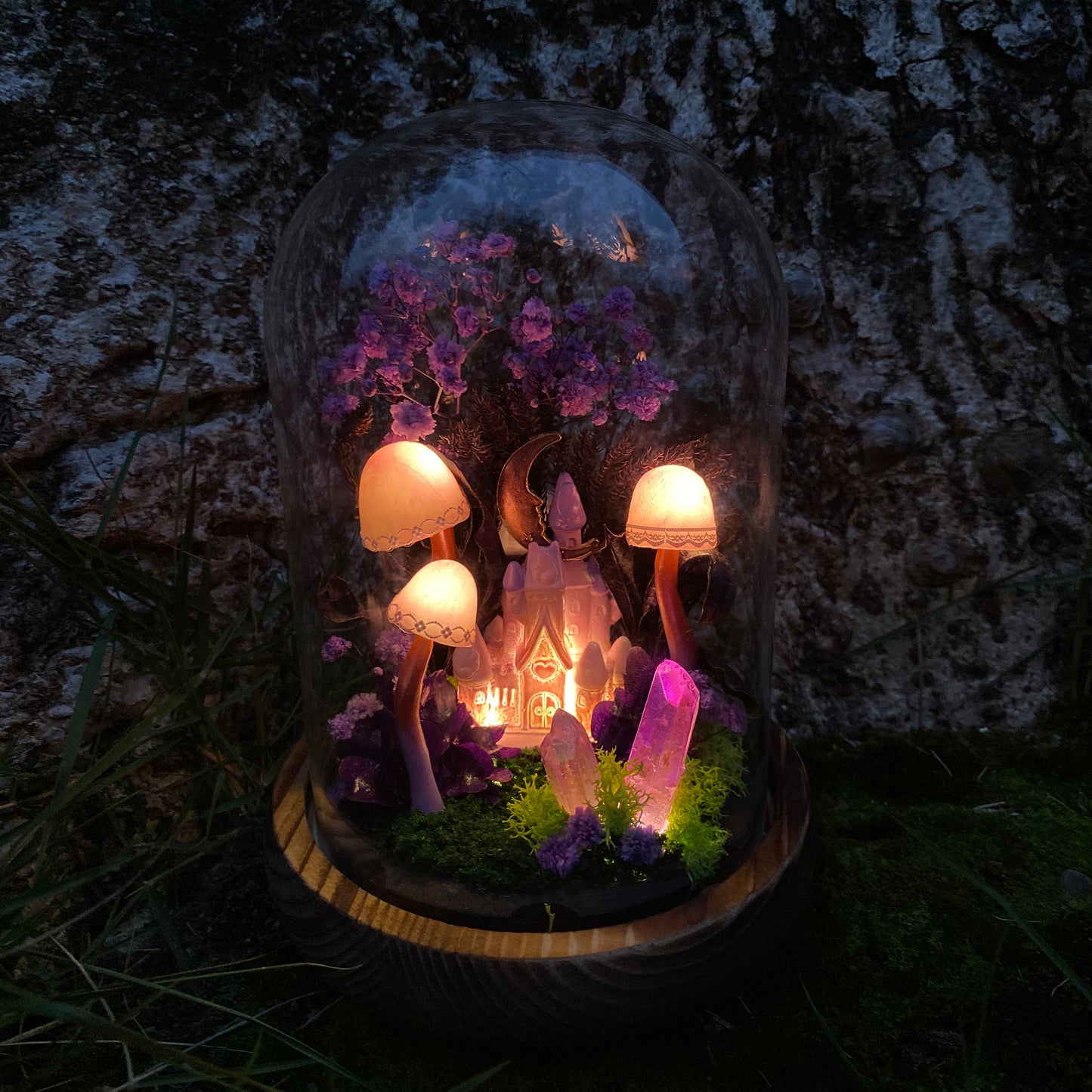 Charming Mushroom Table Lamp Glowing Mystery Castle with Purple Moon & Crystal Handmade Mushroom Lamp Fairy Tale Decor Mushroom Night Light
